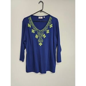 Quacker Factory Women's‎ Blue V Neck Blouse with Lime Green Beading Size L